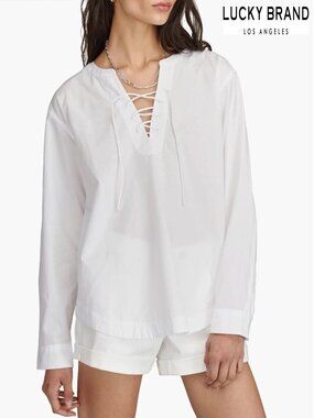 LUCKY BRAND NWT OVERSIZED LACE-UP L/S BRIGHT WHITE COTTON SHIRT. SIZE L